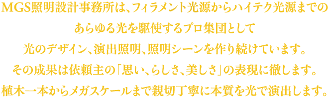 MGS照明設計事務所は、フィラメント光源からハイテク光源まであらゆる光を駆使するプロ集団として、光のデザイン、照明演出、照明シーンを作り続けています。その成果は依頼主の「思い、らしさ、美しさ」の表現に徹します。樹木1本からメガスケールまで、親切丁寧に本質を光で演出します。